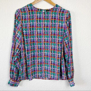 Vintage Notations Abstract Geometric Print Plaid Blouse Size 10 Maximalist 90's